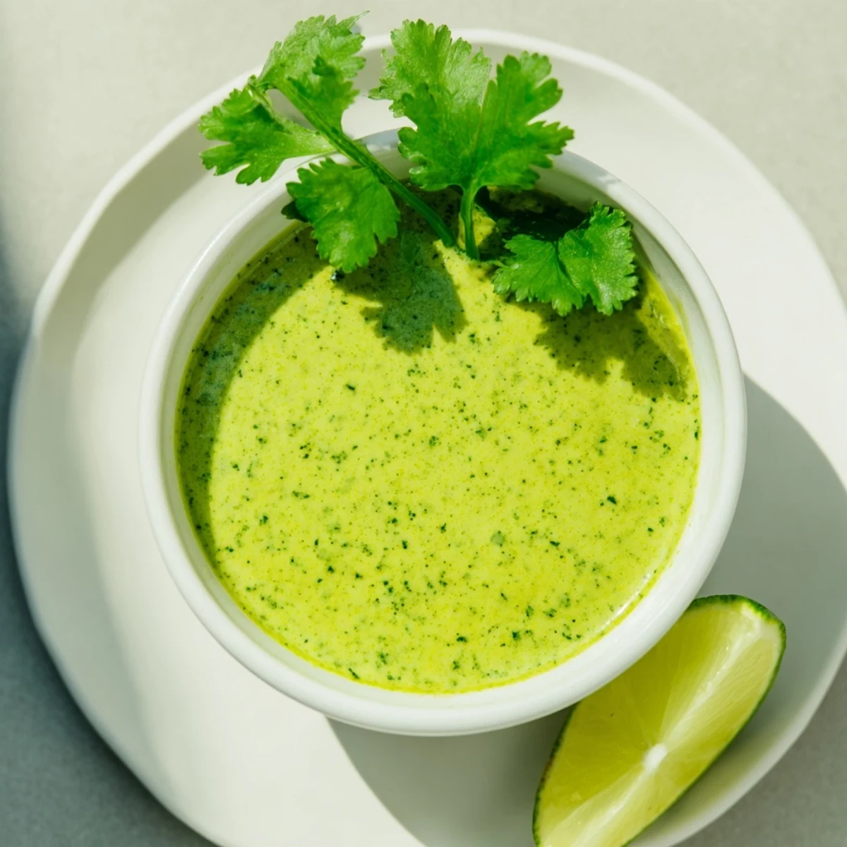 Vibrant green Thai cilantro sauce drizzled over grilled chicken and vegetables