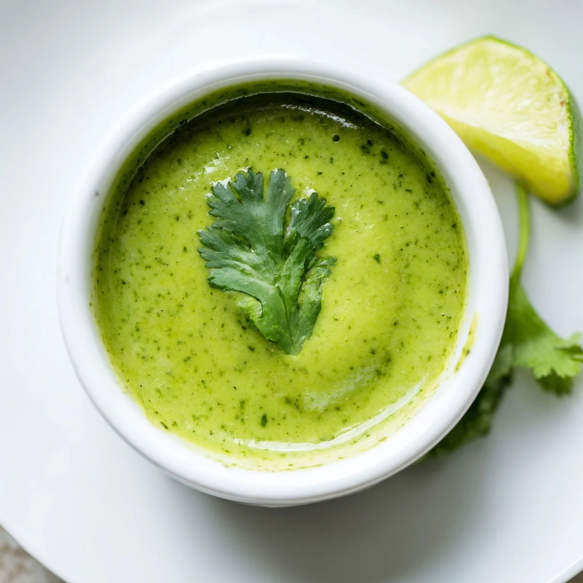 Bowl of zesty Thai cilantro sauce garnished with fresh cilantro leaves