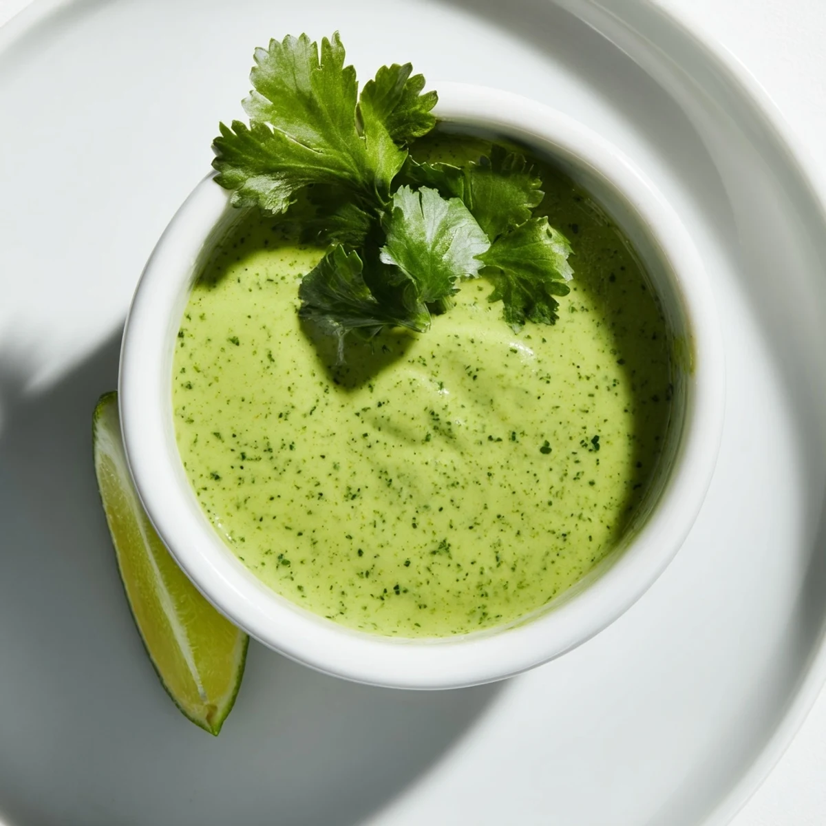 Smooth green Thai cilantro sauce in glass jar with lime wedges
