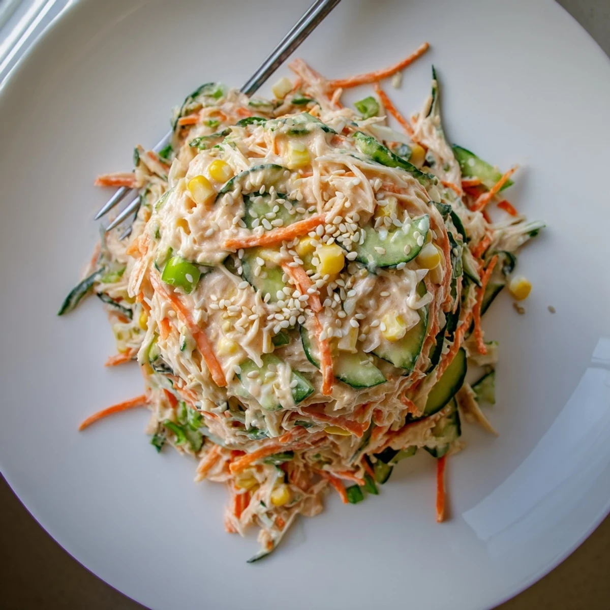 Colorful bowl of spicy kani salad tossed in creamy sriracha dressing with crisp julienned vegetables