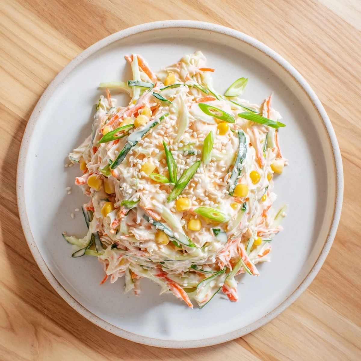 Fresh spicy kani salad featuring shredded imitation crab with cucumber carrots and toasted sesame seeds