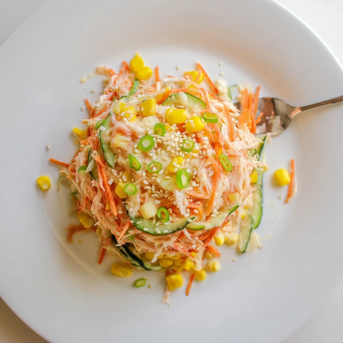 Creamy Japanese-inspired spicy kani salad topped with green onions and crunchy vegetables in white bowl