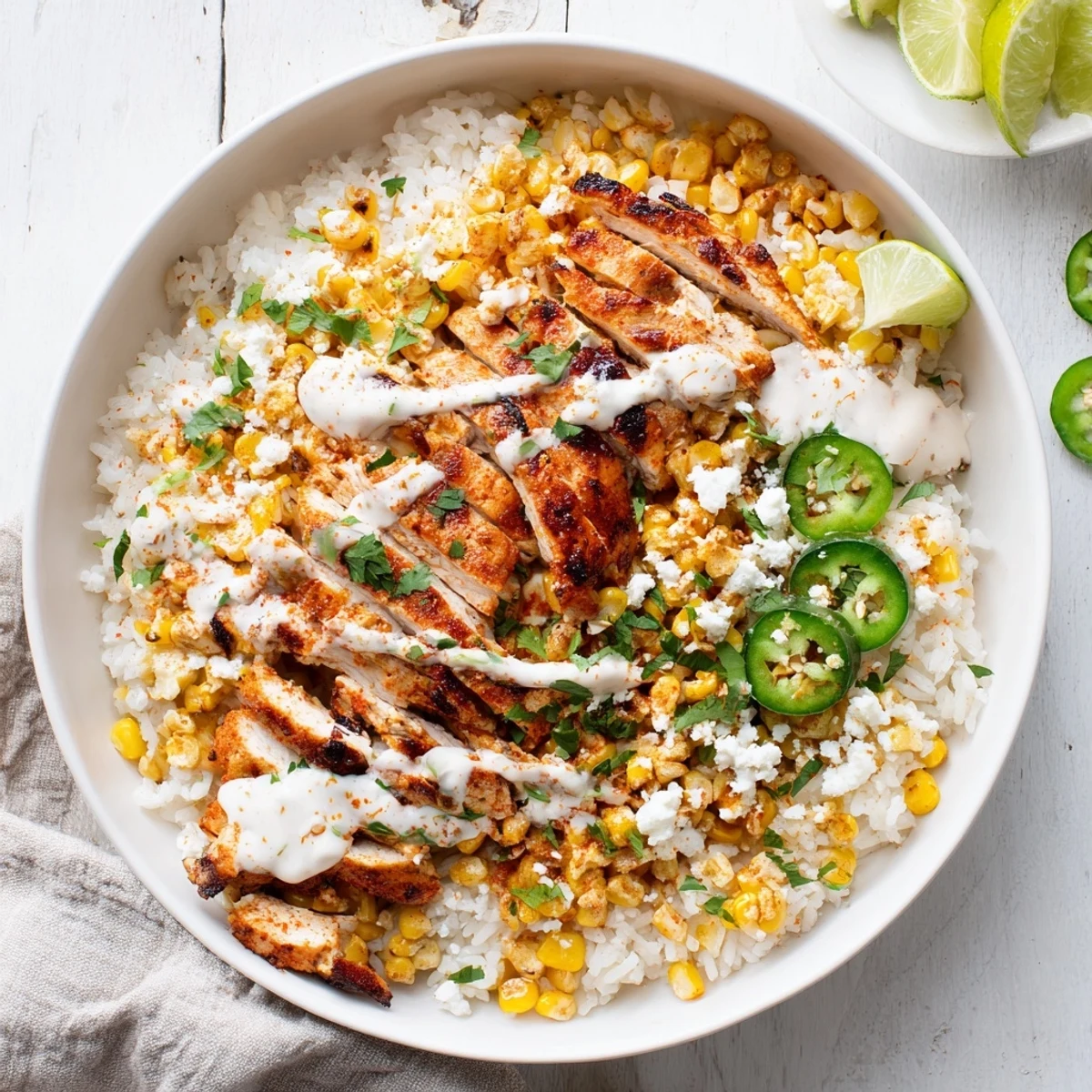 Colorful street corn chicken rice bowl topped with zesty crema, crumbled cotija cheese, and fresh cilantro