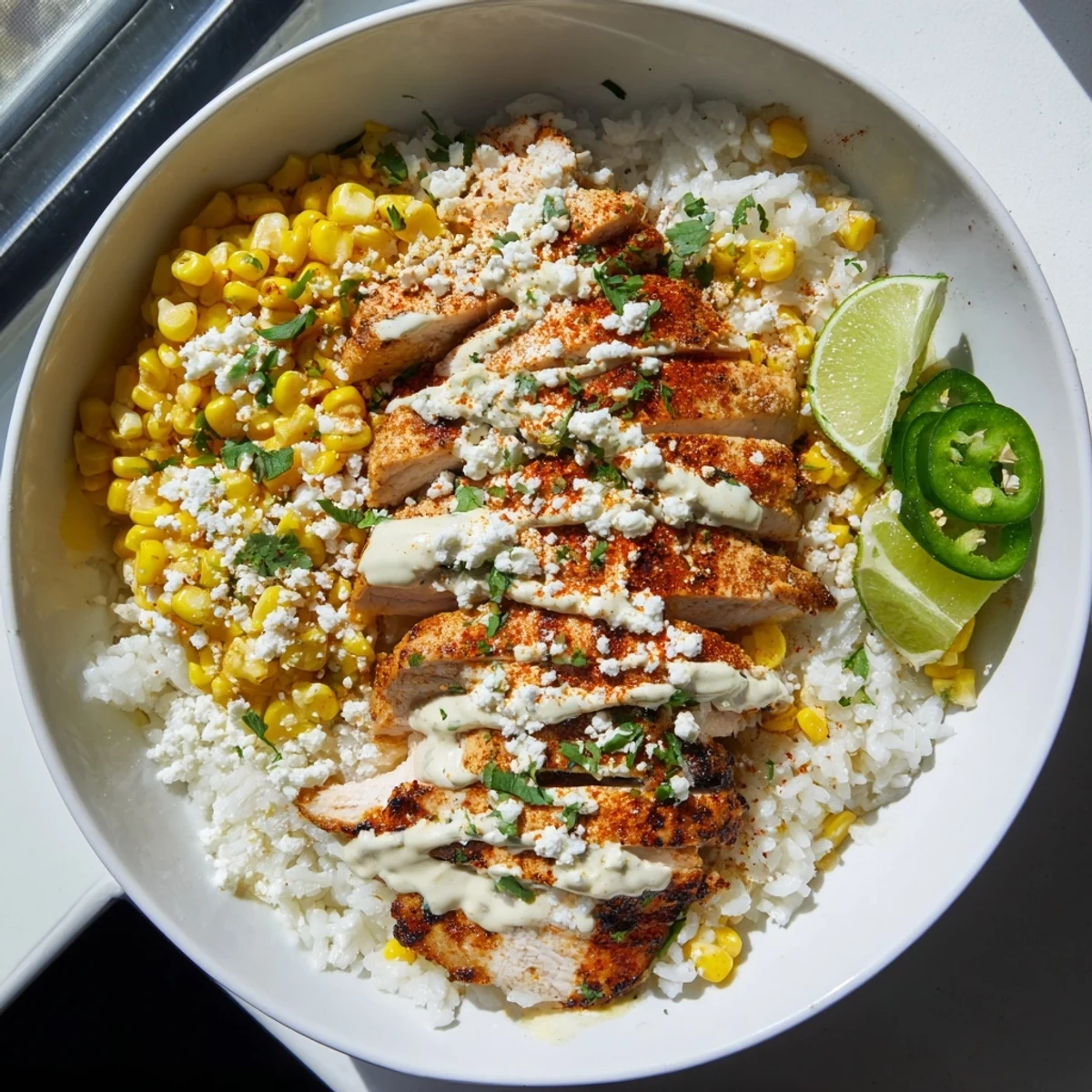Hearty Mexican-inspired street corn chicken rice bowl arranged with sliced chicken, charred corn, and creamy toppings