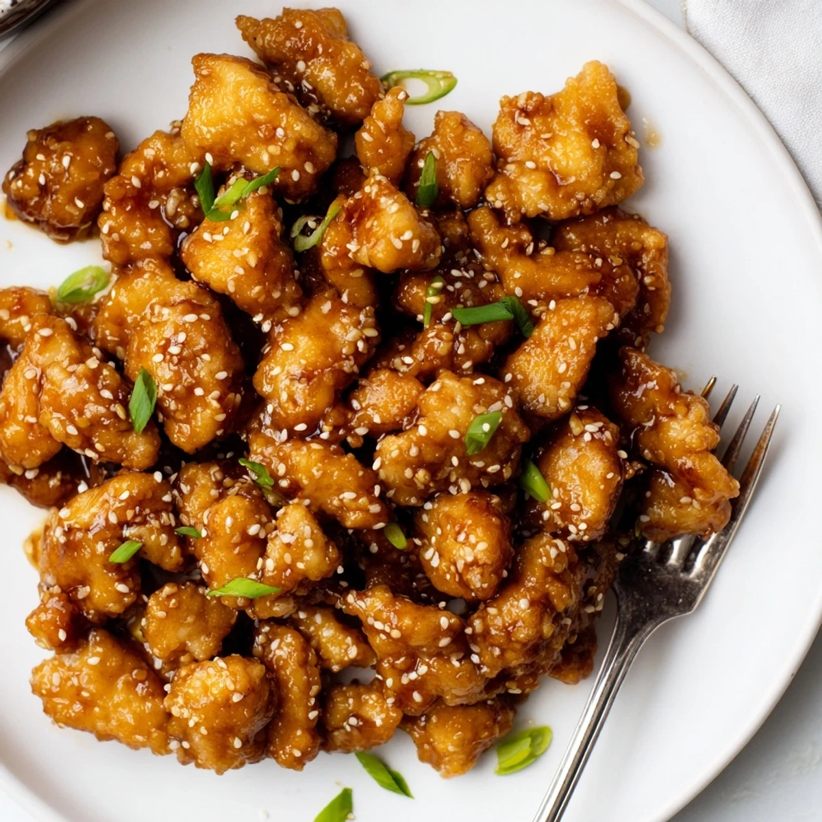 Golden brown honey garlic chicken pieces glazed in sticky sweet sauce with green onion garnish