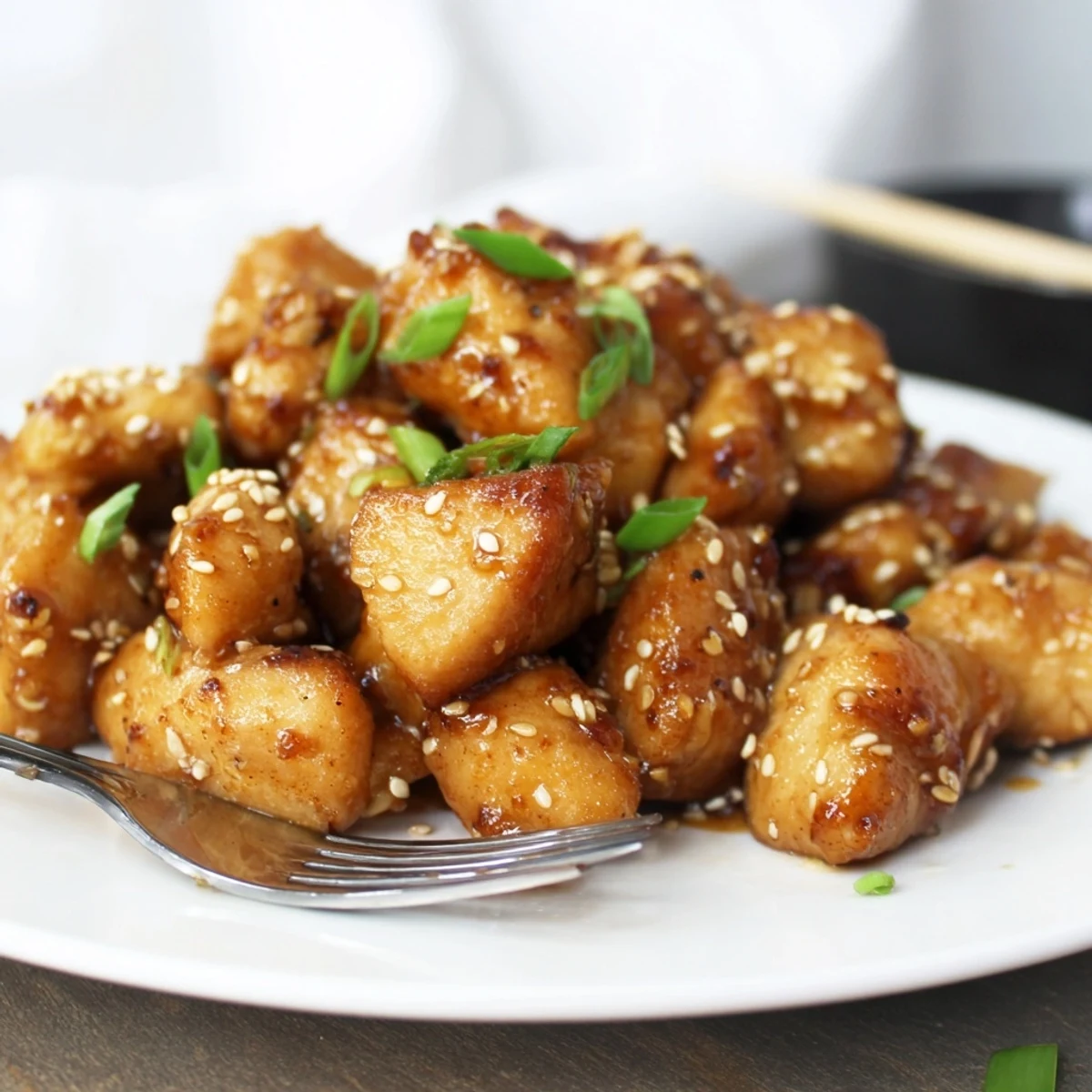 Tender honey garlic chicken served over white rice with glossy caramelized coating and sesame seeds