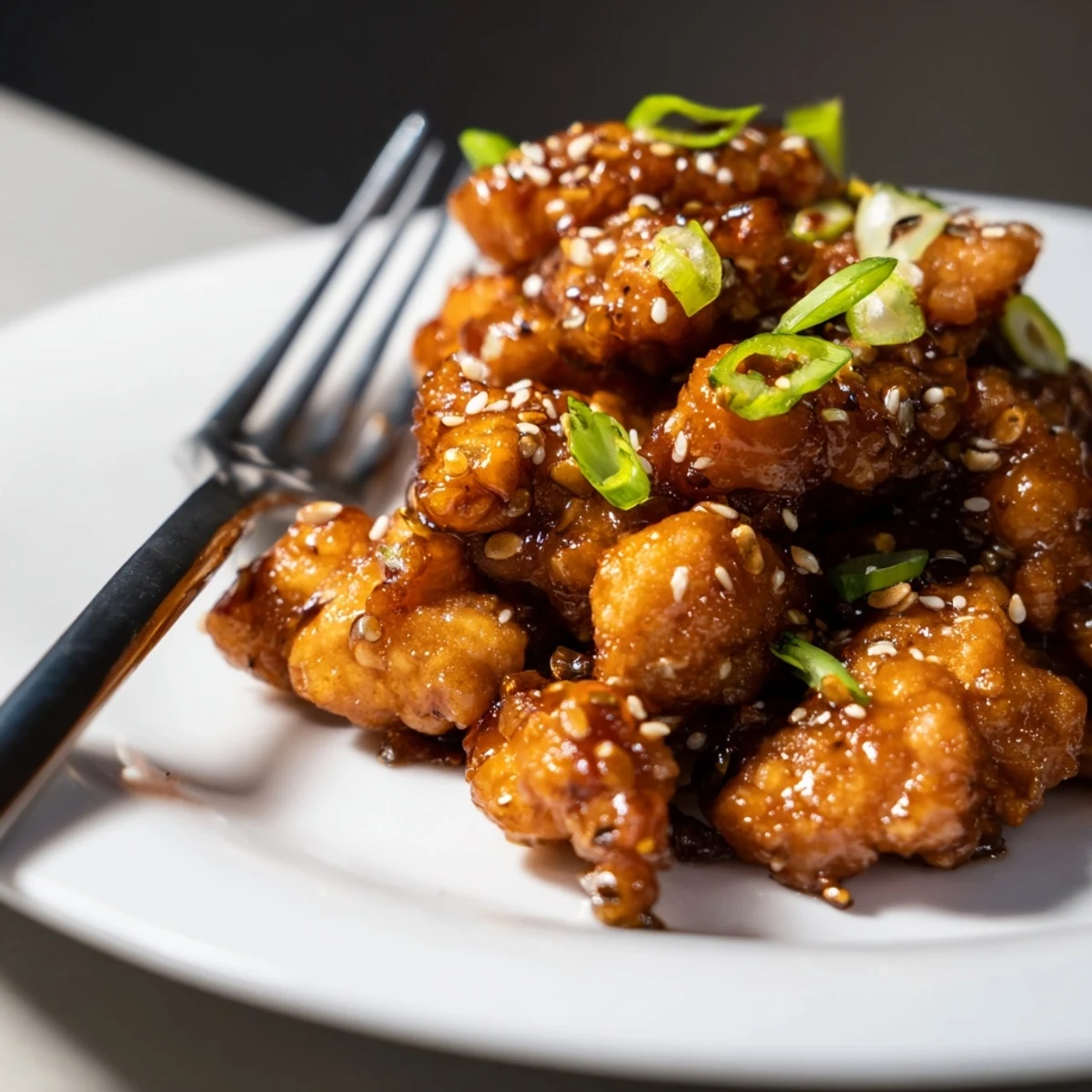 Savory honey garlic chicken skillet featuring bite-sized pieces in thick amber sauce with fresh toppings