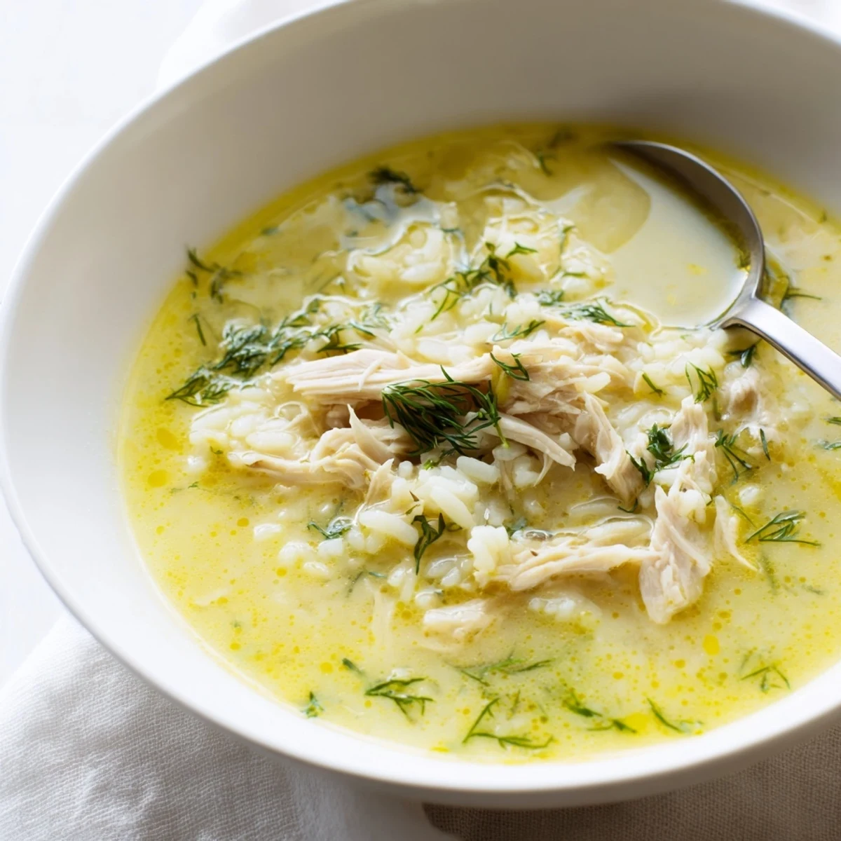 Creamy bowl of Avgolemono Greek Lemon Chicken Soup topped with fresh herbs and served with crusty bread