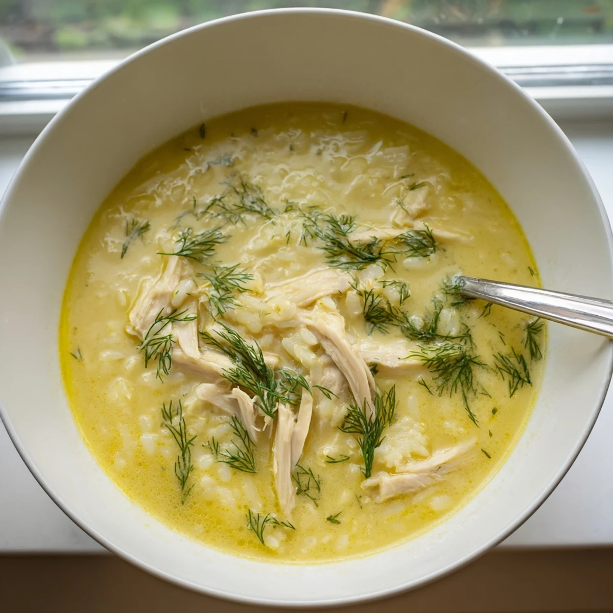 Golden Avgolemono Greek Lemon Chicken Soup featuring tender shredded chicken and fluffy white rice in a silky bright yellow broth