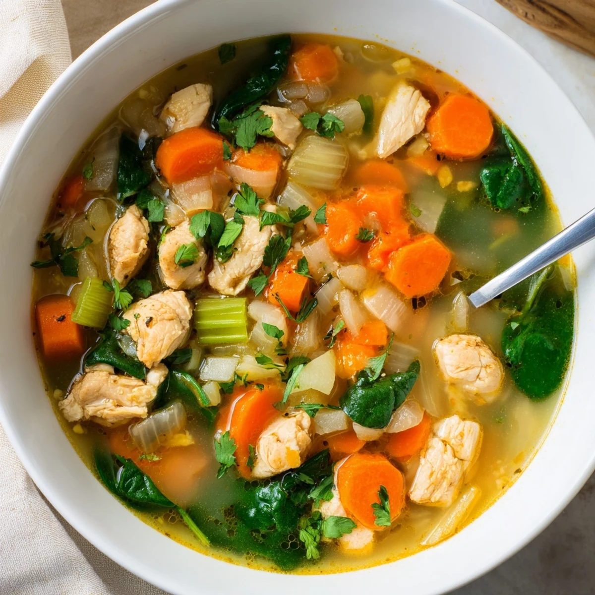 Golden bowl of Mediterranean lemon herb chicken soup with tender vegetables and fresh spinach garnish