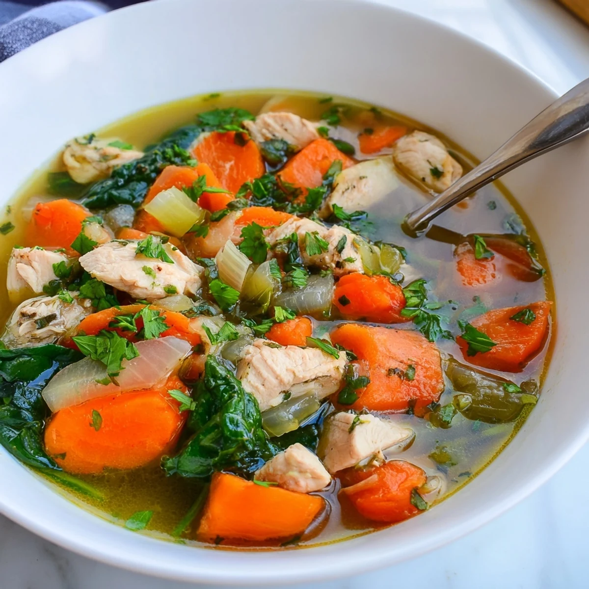 Close-up of wholesome Mediterranean lemon herb chicken soup swimming with chicken pieces and wilted green spinach