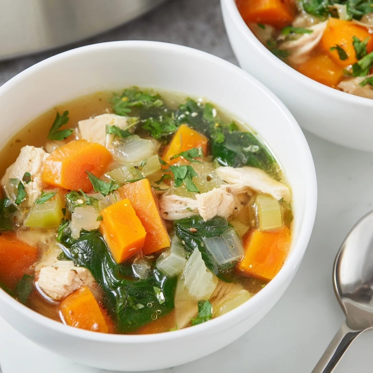 Steaming homemade chicken soup featuring bright lemon, aromatic herbs, and colorful carrots in a rustic ceramic bowl