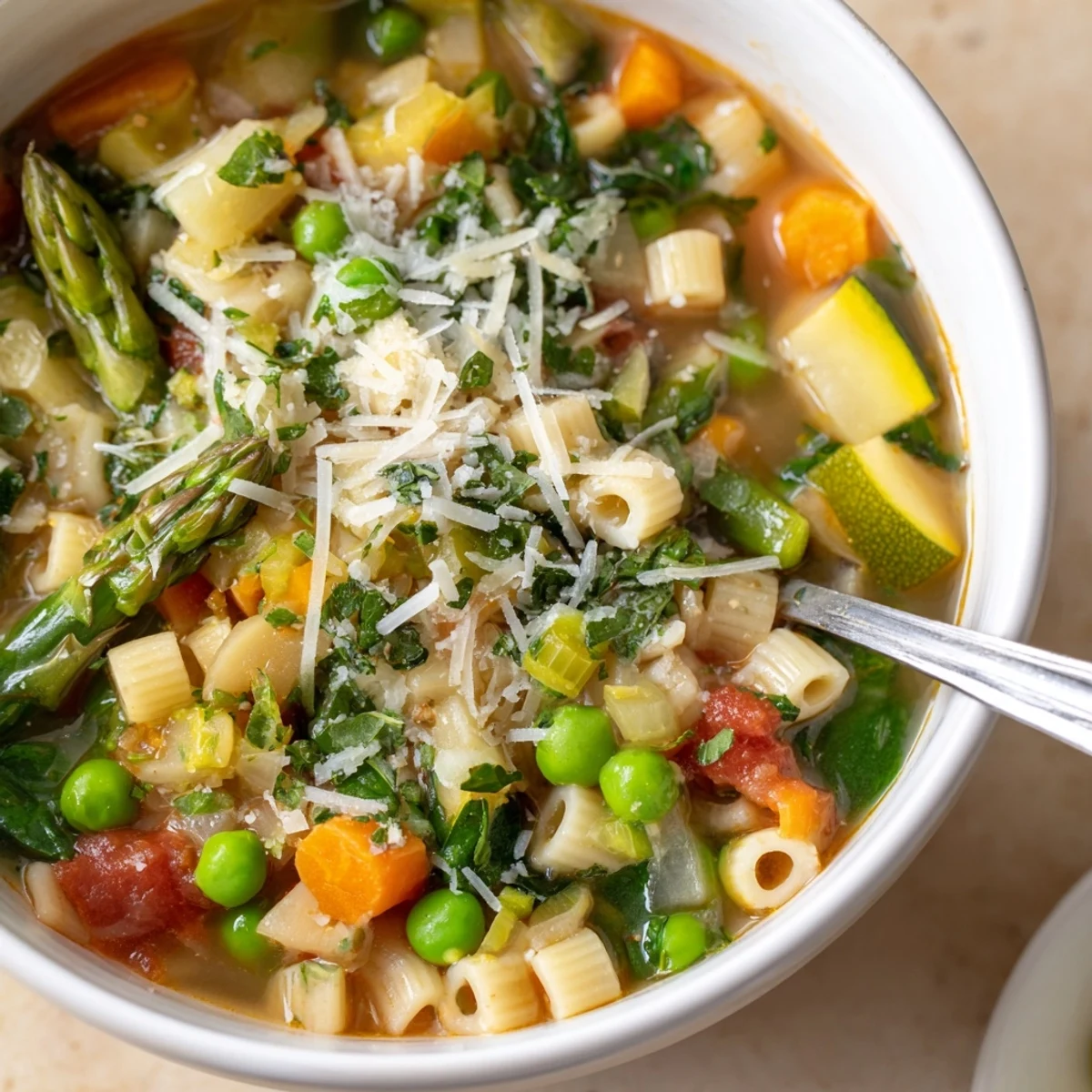 Golden bowl of spring minestrone soup brimming with fresh asparagus, zucchini, pasta, and vibrant green vegetables