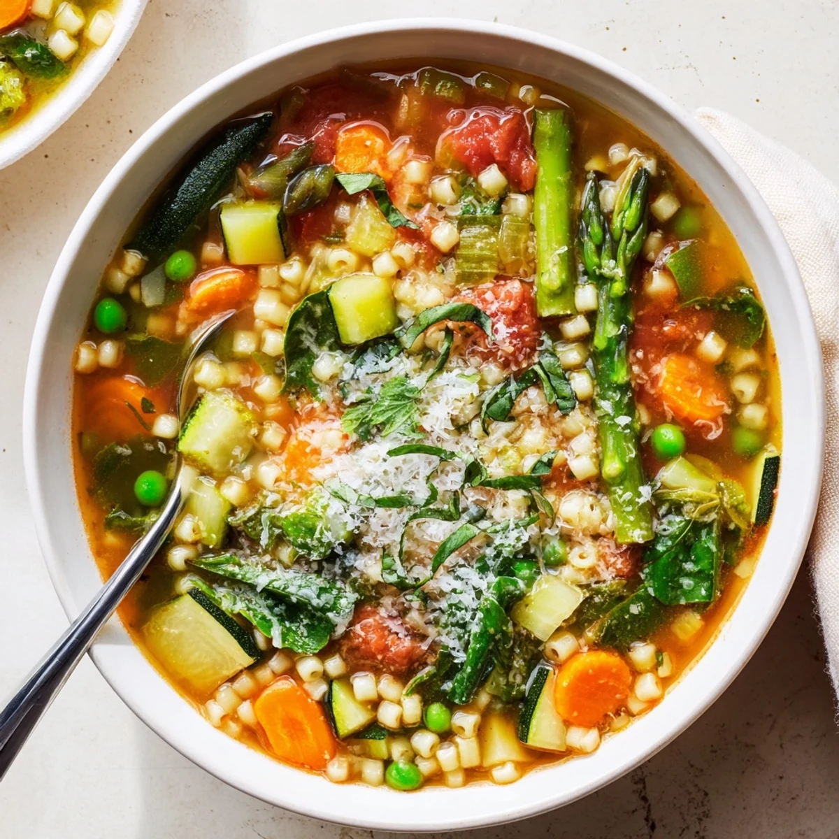 Rustic Italian spring minestrone soup featuring tender pasta shells, carrots, peas, and wilted spinach in herb broth