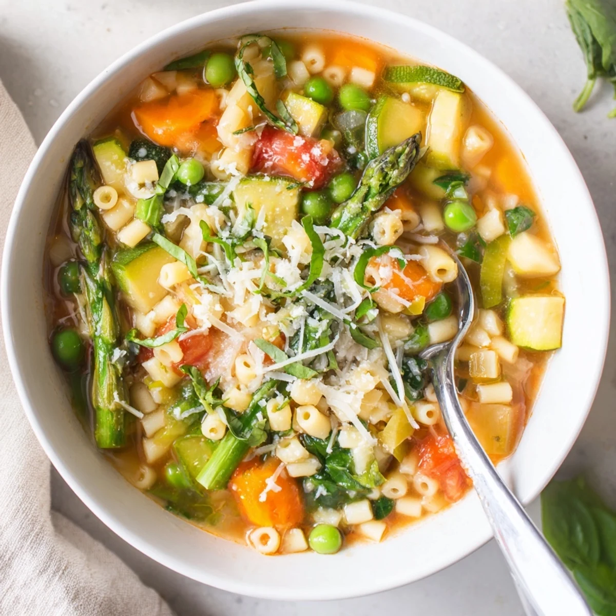 Creamy spring minestrone soup sprinkled with Parmesan cheese and fresh basil, showcasing seasonal vegetables in every spoonful