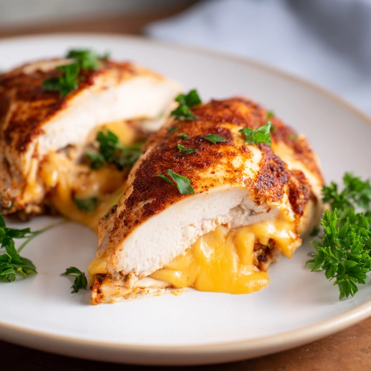 Golden brown Ruth's Chris stuffed chicken breast oozing melted cheese on a white plate