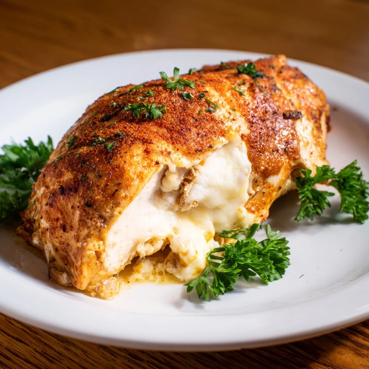 Restaurant-style Ruth's Chris stuffed chicken breast garnished with fresh parsley ready to serve