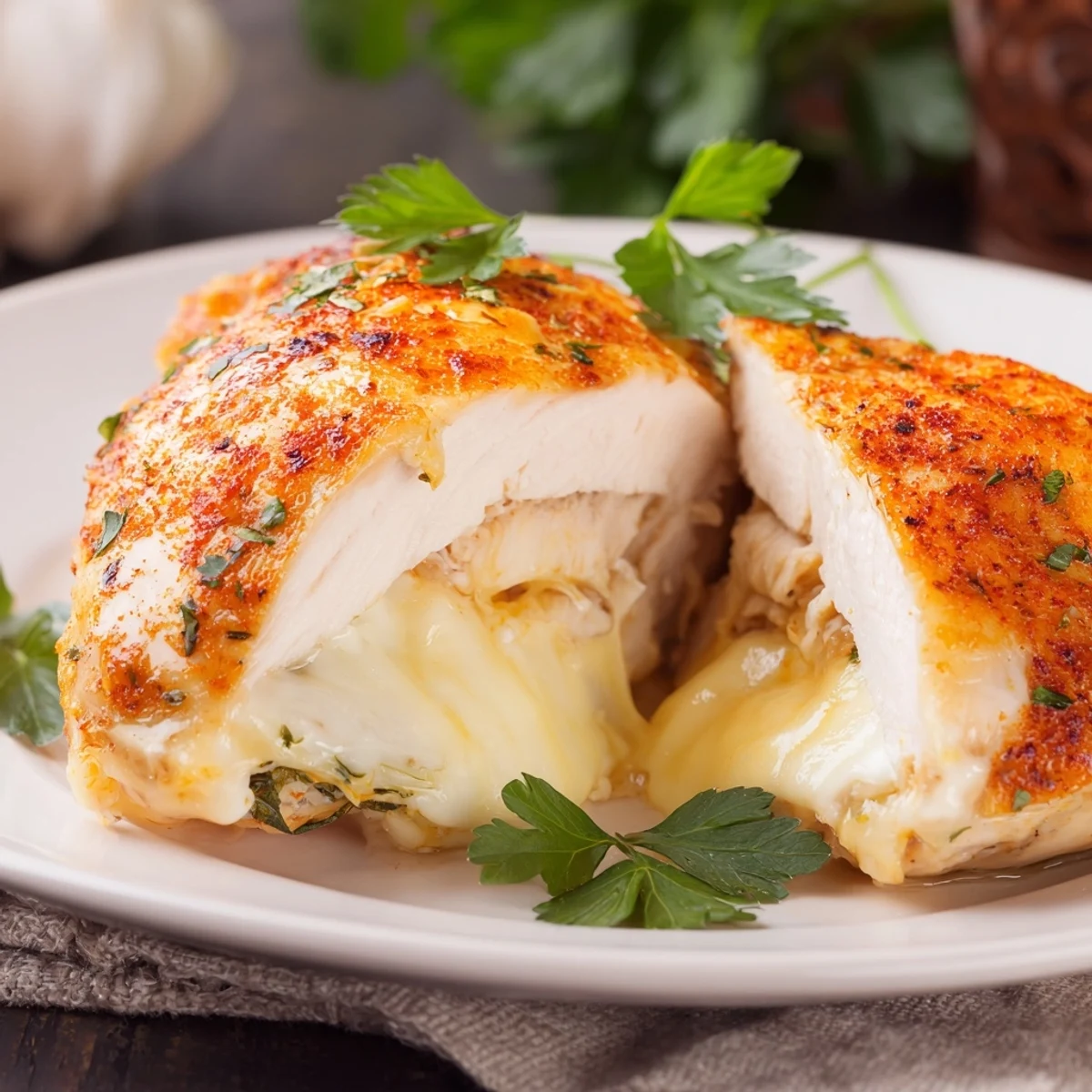 Succulent Ruth's Chris stuffed chicken breast sliced revealing creamy herb and cheese filling