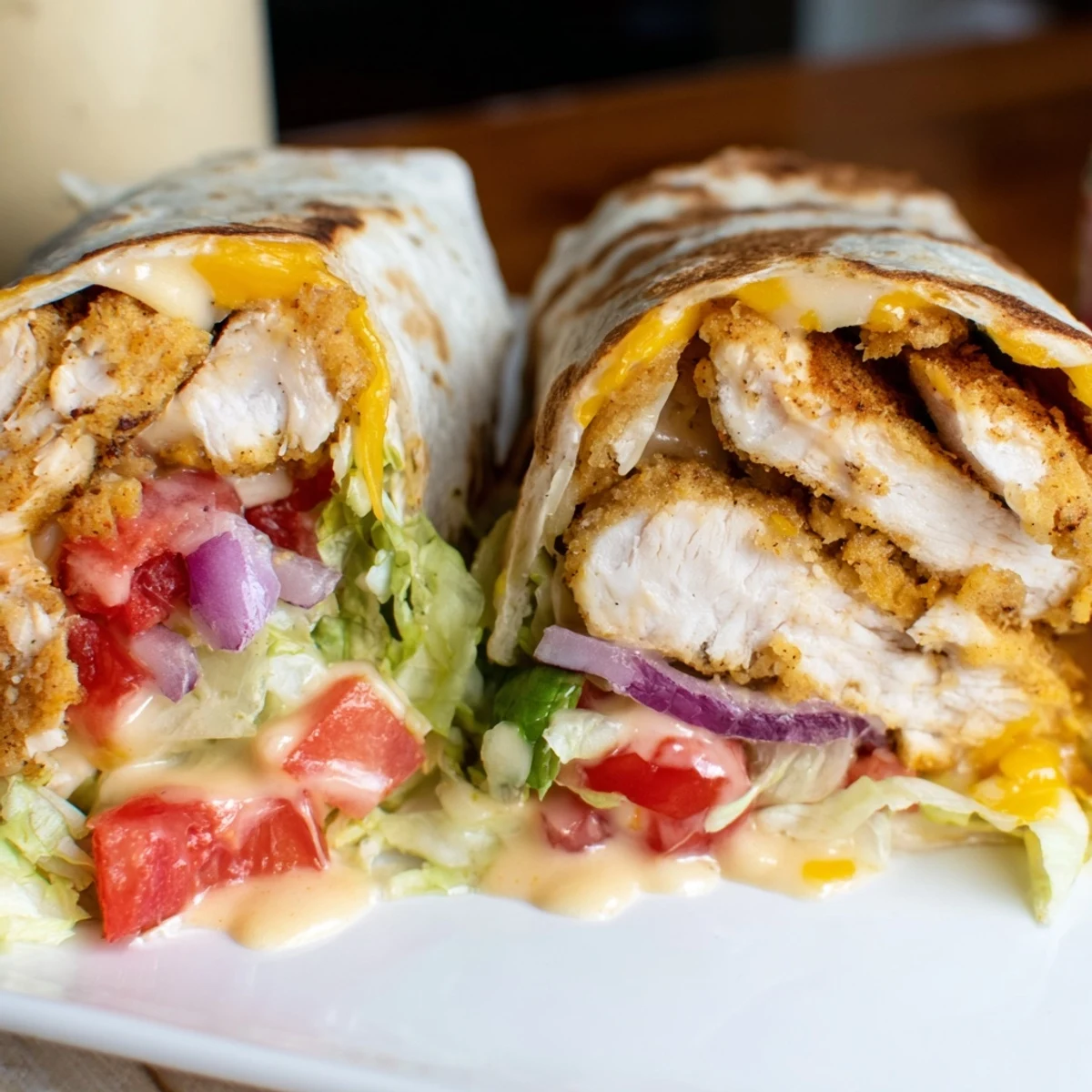 Golden brown cheesy garlic chicken wraps sliced in half revealing colorful lettuce and melted mozzarella