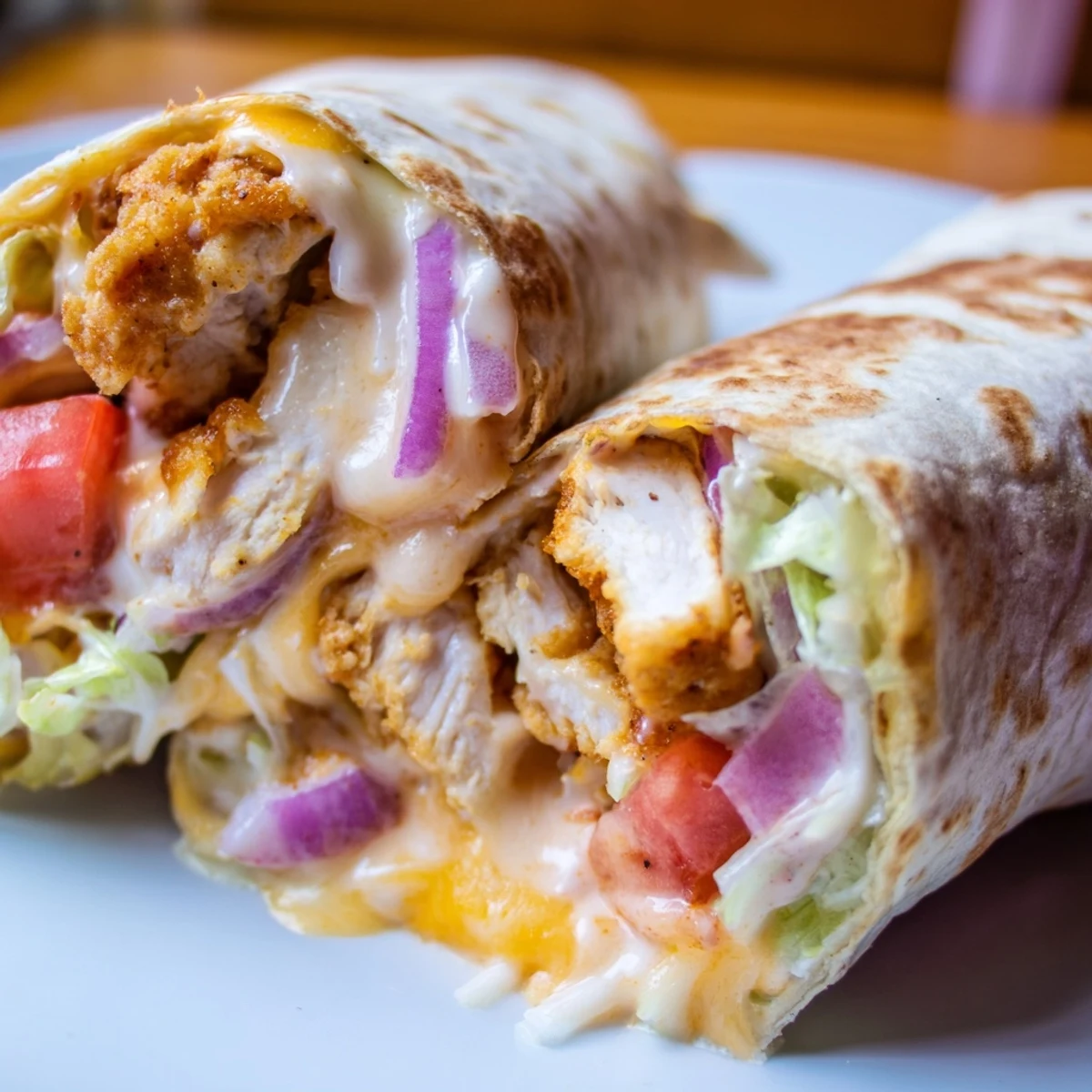 Homemade cheesy garlic chicken wraps on a wooden board topped with romaine lettuce and red onion slices