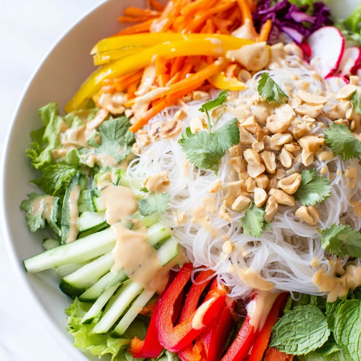 Fresh spring roll salad with peanut dressing featuring crisp vegetables, rice noodles, and fragrant herbs drizzled with creamy sauce