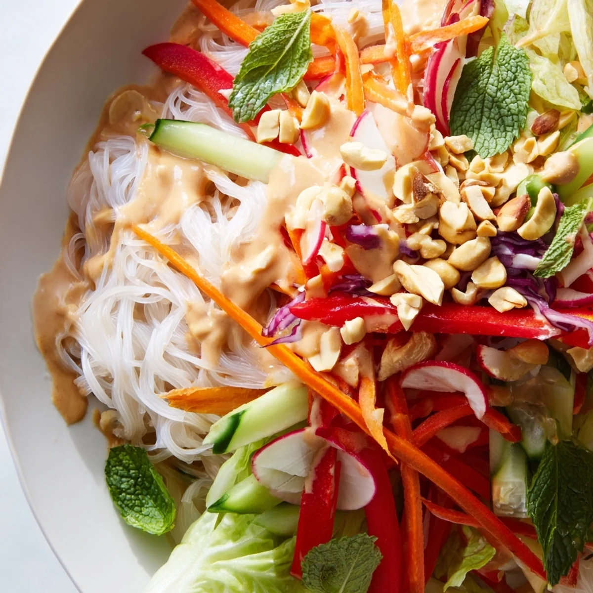 Close-up of spring roll salad with peanut dressing arranged in lettuce cups with mint, cilantro, and crispy vegetable garnish