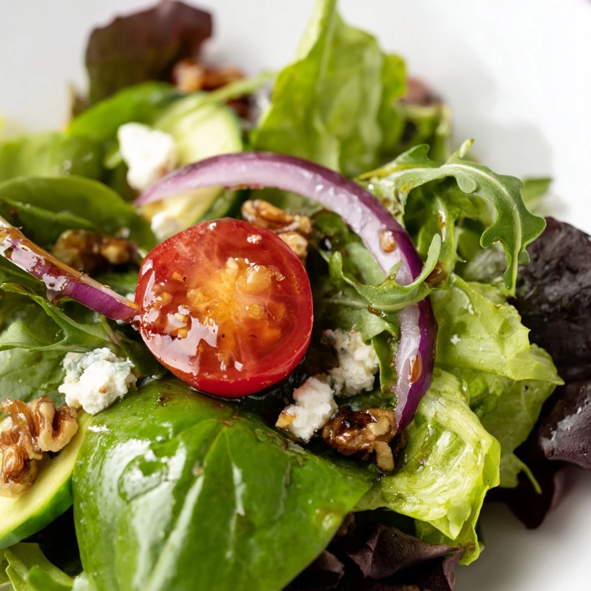 Vibrant spring greens drizzled with homemade balsamic honey dressing and crisp seasonal vegetables