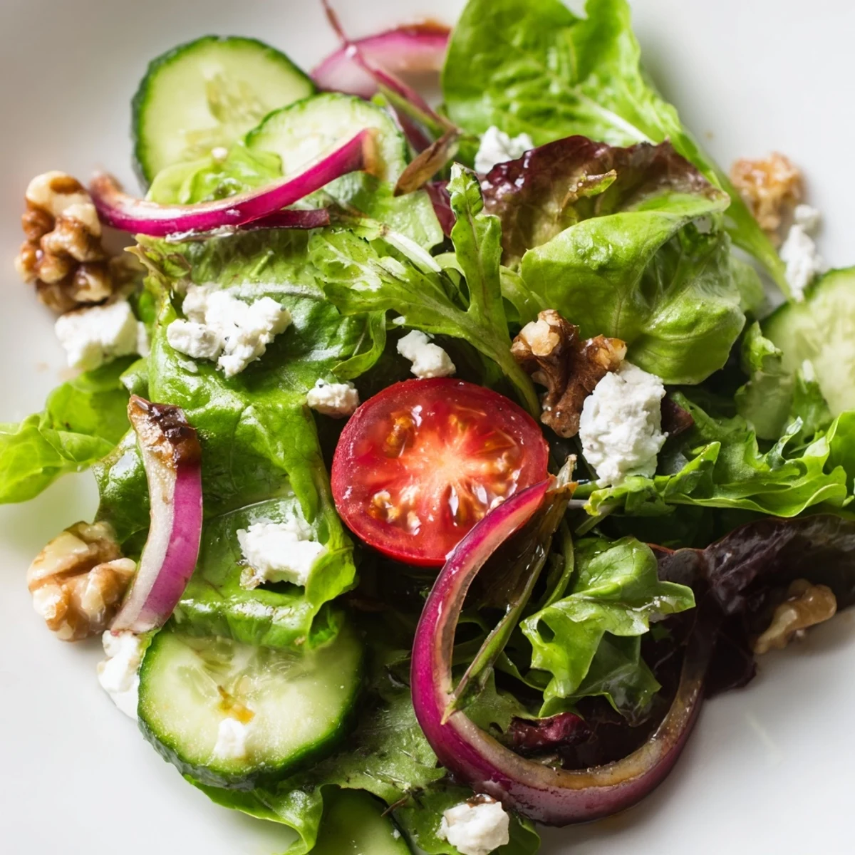 Bowl of spring mix salad featuring arugula and spinach dressed in tangy balsamic honey glaze