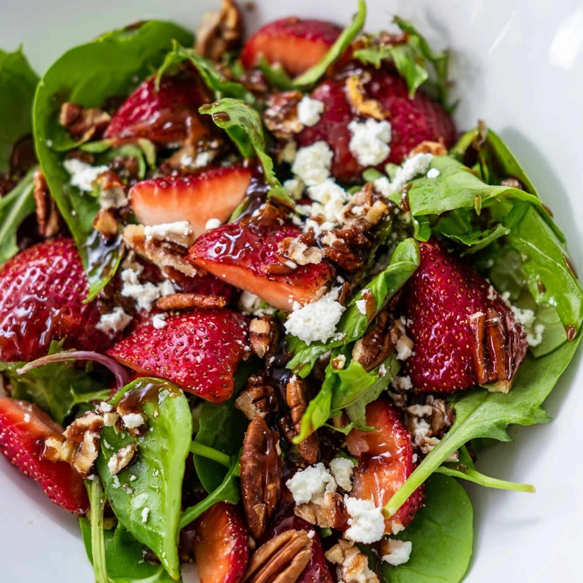 Fresh strawberry crunch salad with sliced berries, crisp greens, and toasted pecan topping