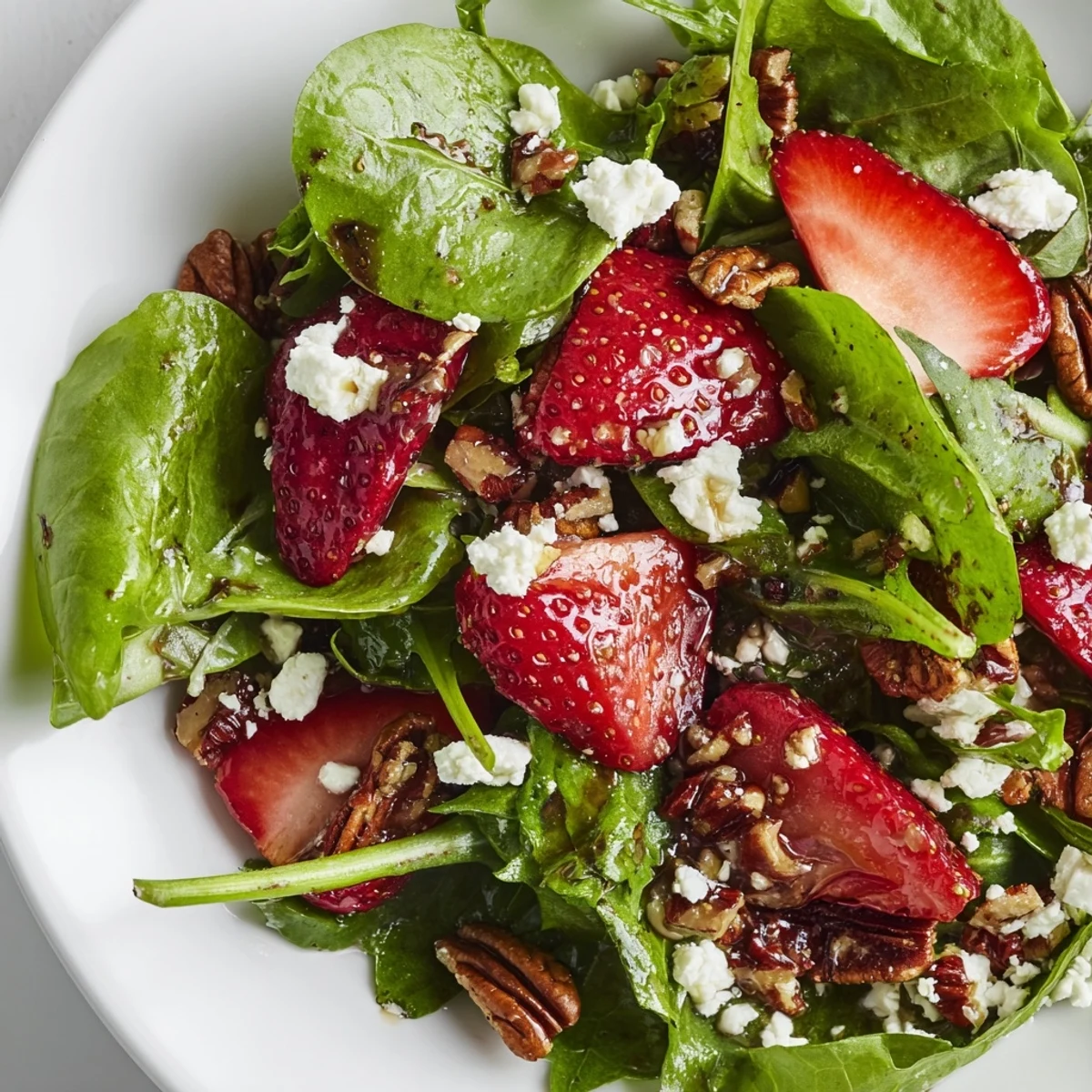 Summer strawberry crunch salad drizzled with balsamic dressing and sprinkled with crispy toppings