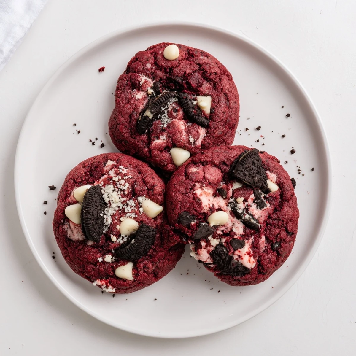 Chewy red velvet cookies studded with white chocolate and chopped Oreo cookie pieces