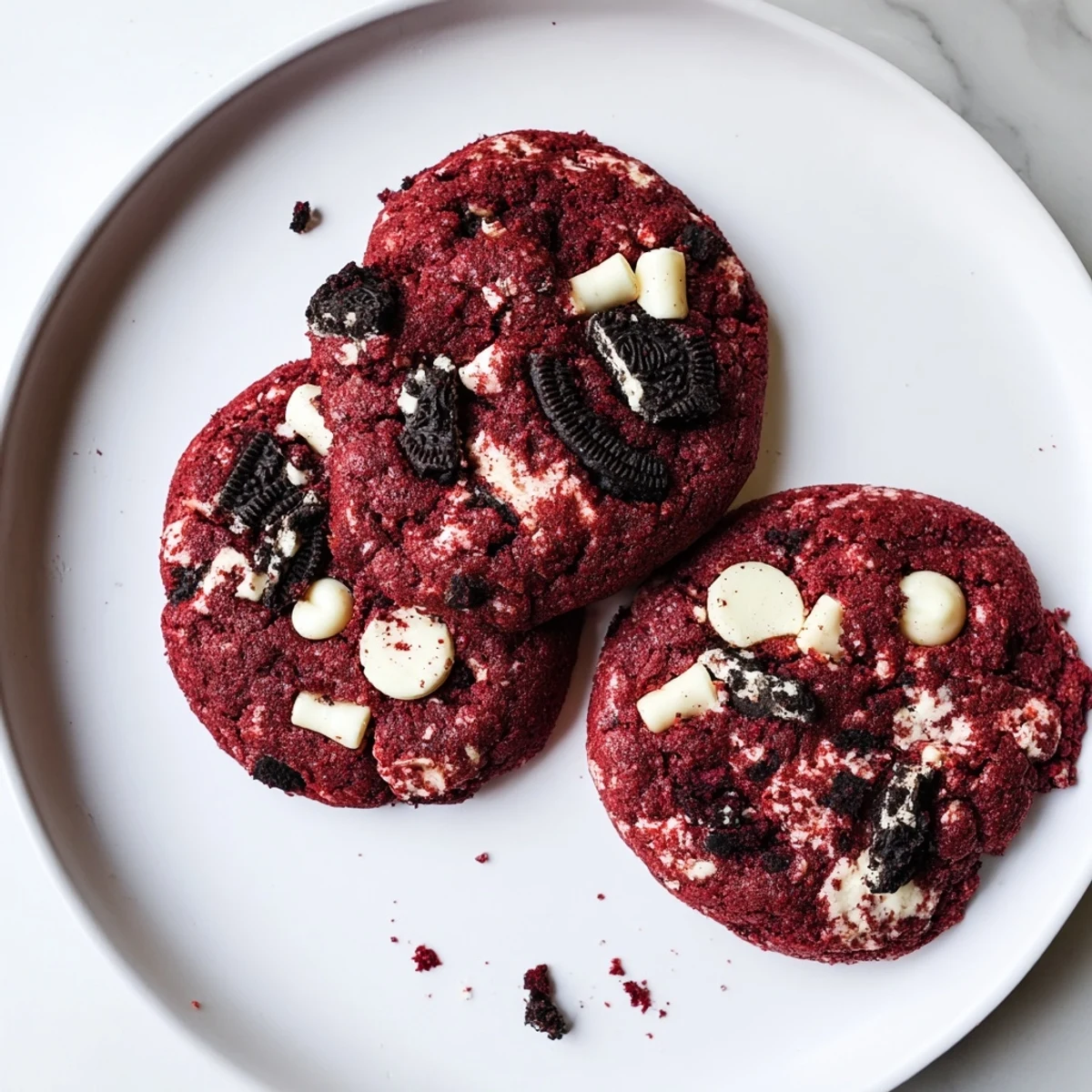 Soft baked red velvet Oreo cookies with white chocolate chips on a cooling rack