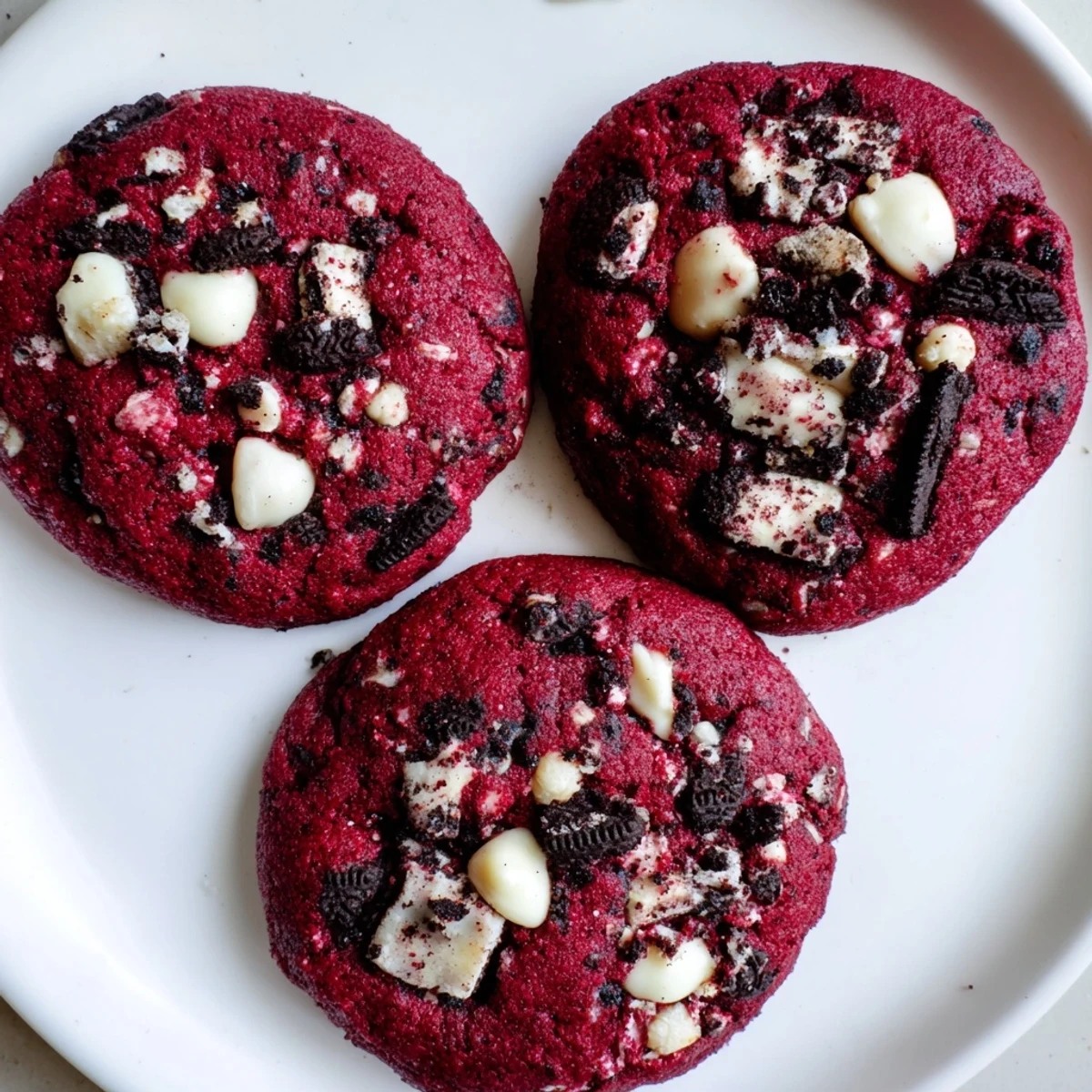 Homemade red velvet Oreo cookies with crisp edges and gooey white chocolate centers