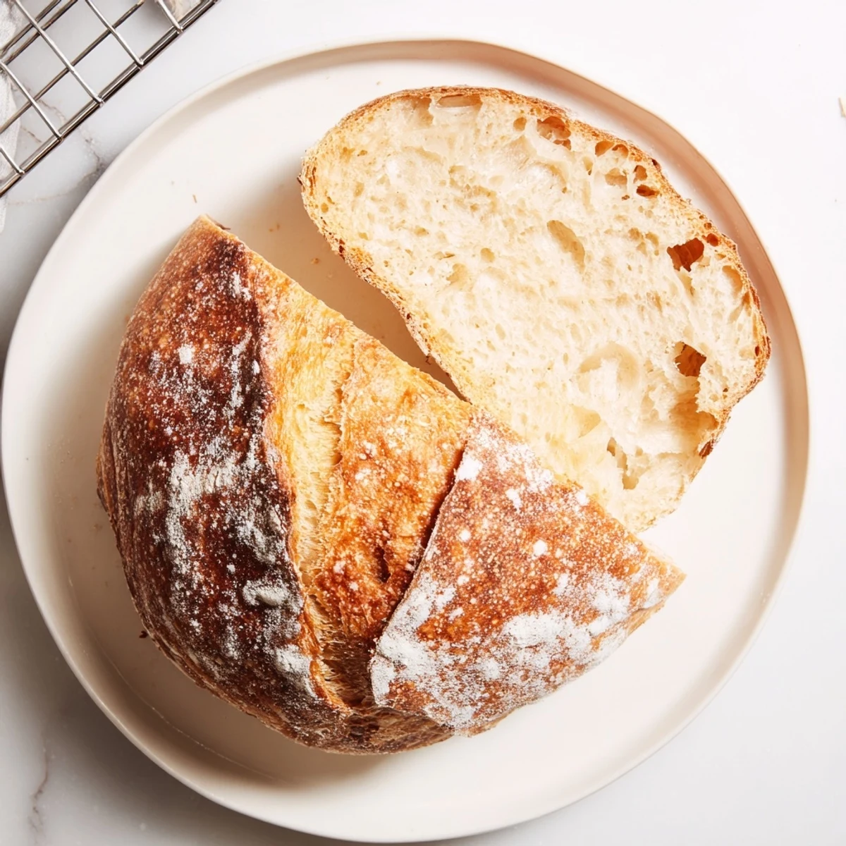 Rustic homemade artisan no knead bread loaf dusted with flour on wooden cutting board