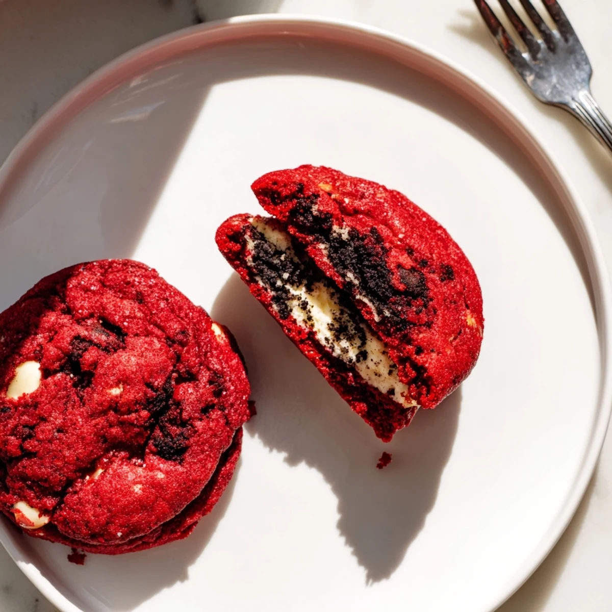 Freshly baked homemade red velvet Oreo cookies with soft centers and crushed cookie cream filling
