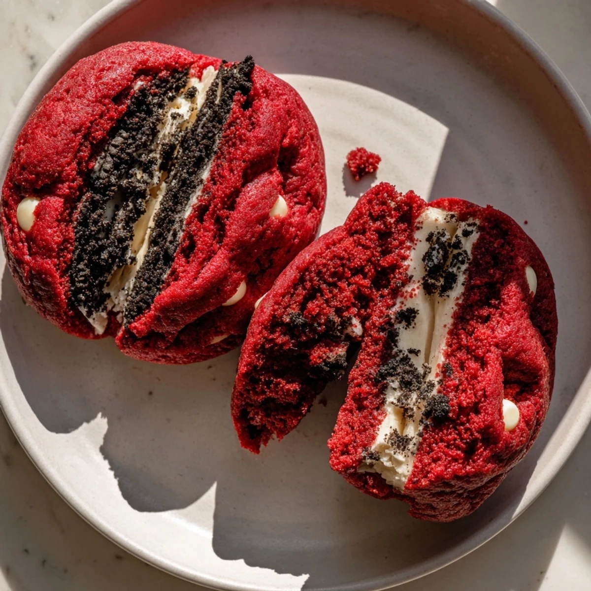 Chewy homemade red velvet Oreo cookies stuffed with creamy white Oreo filling and white chocolate chips