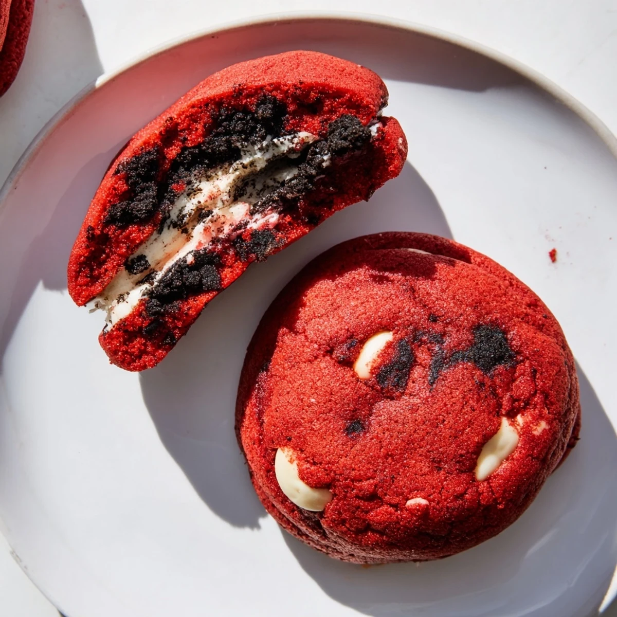 Indulgent homemade red velvet Oreo cookies featuring cocoa dough filled with sweet cream cheese and Oreos