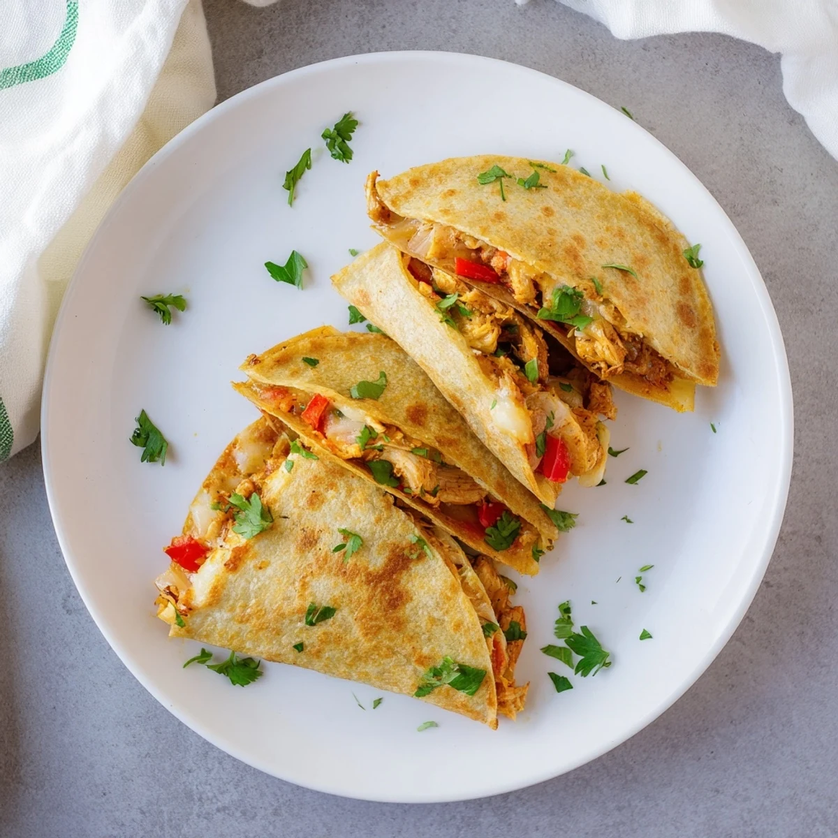 Golden brown crispy chicken quesadillas cut into wedges on a white serving plate