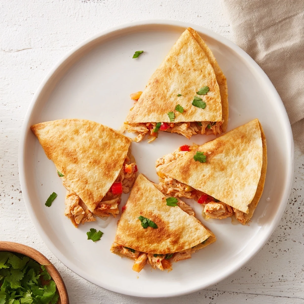 Pan-fried flour tortillas stuffed with seasoned shredded chicken and melted Monterey Jack cheese