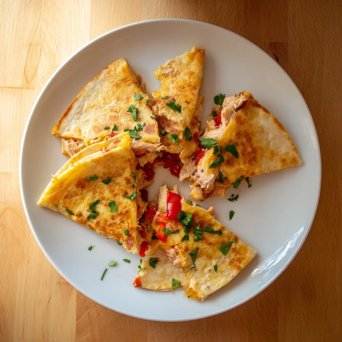 Homemade chicken quesadillas with red peppers and onions served with sour cream and salsa