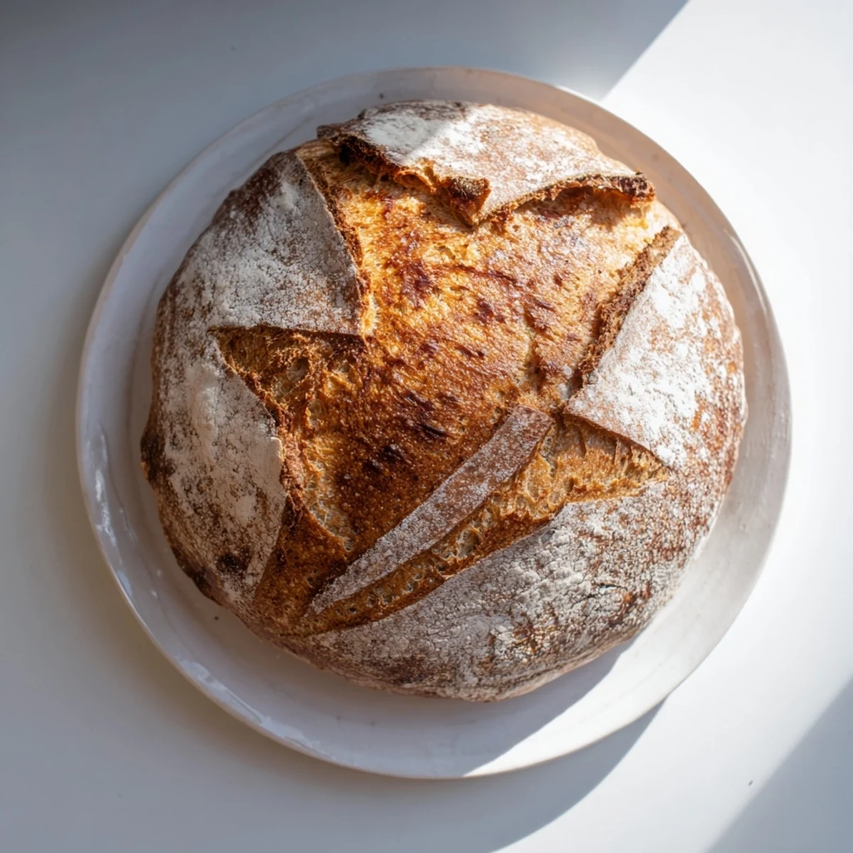 Crusty easy rustic bread scored on top, cooling on wire rack with artisan texture
