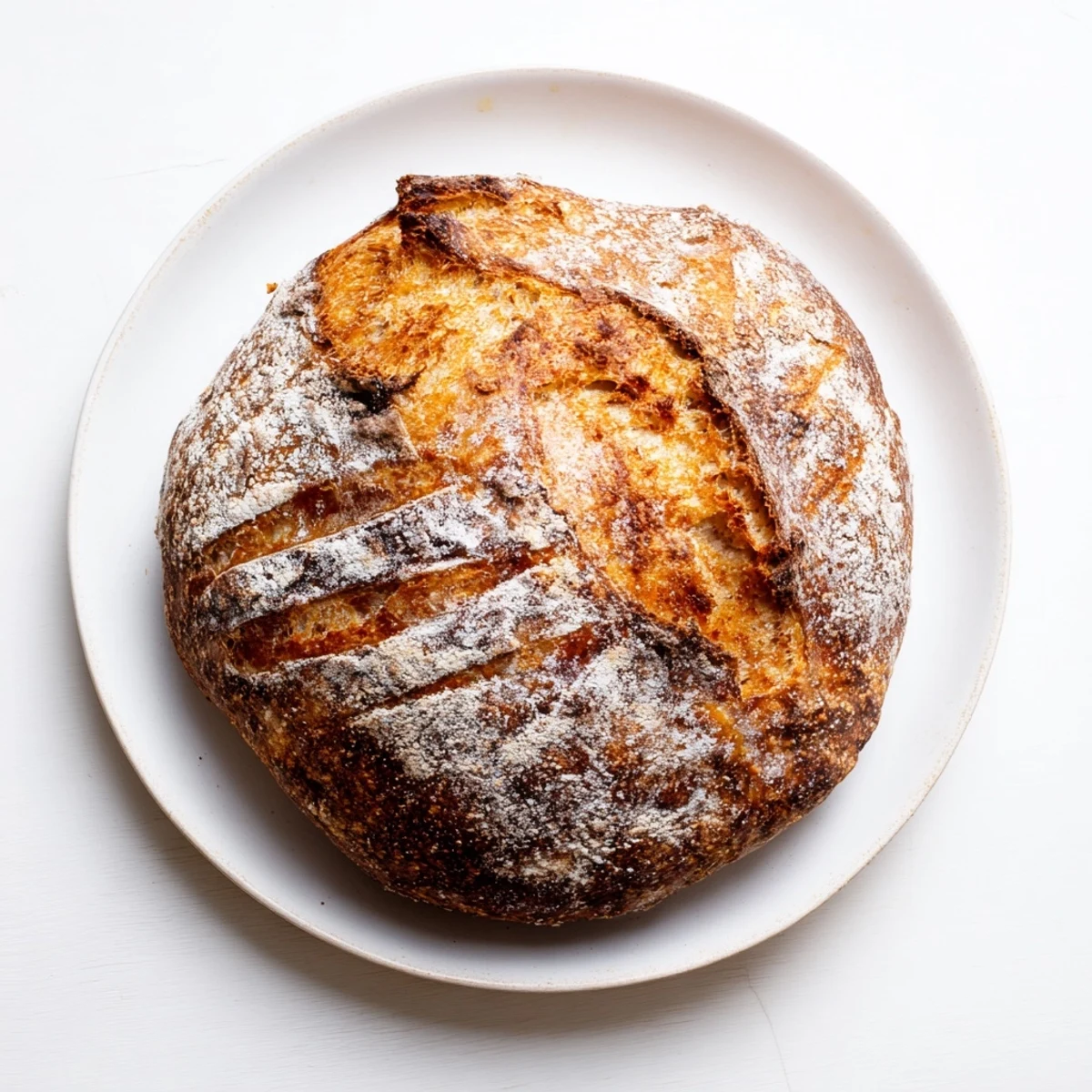 Whole easy rustic bread with deep brown crust, ready to slice and serve warm