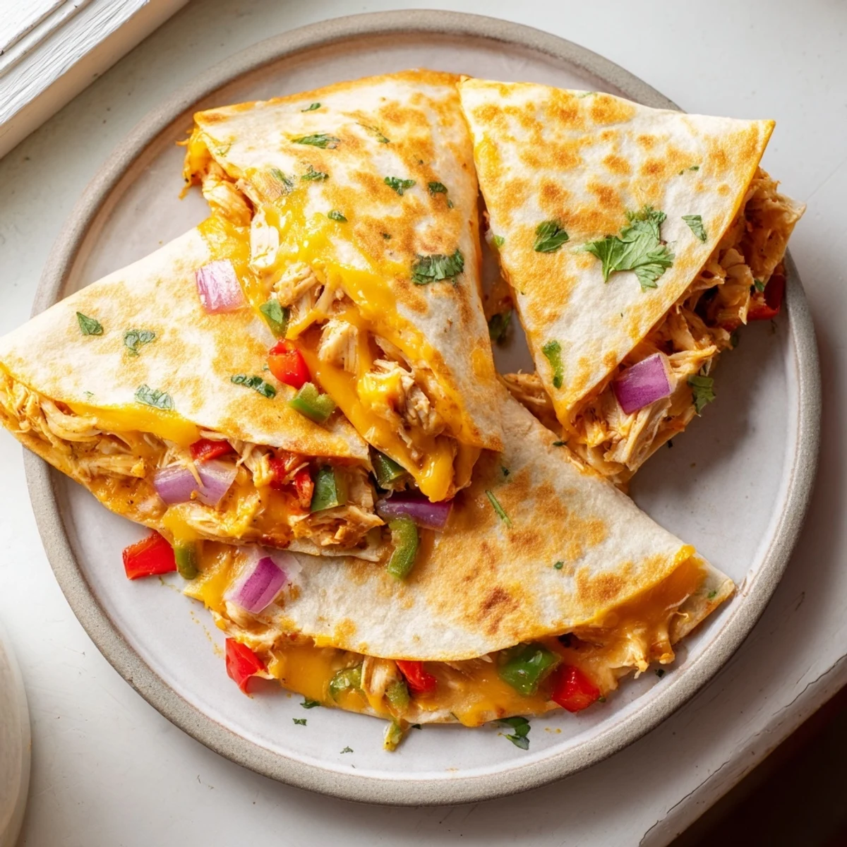 Golden chicken quesadillas with melted cheese and colorful peppers on a white plate