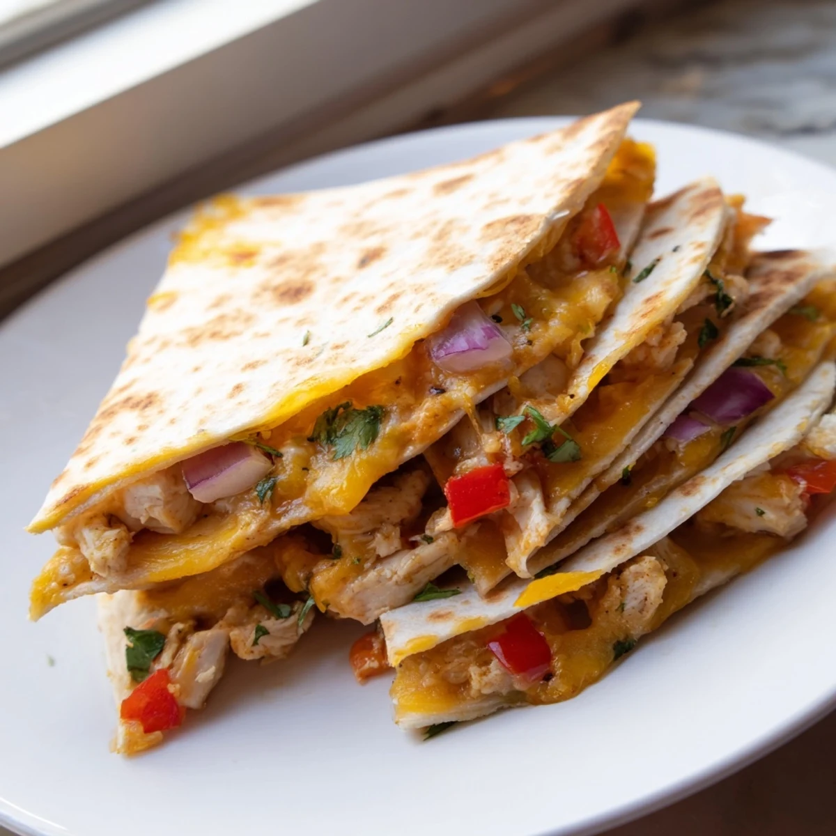 Crispy tortilla halves stuffed with seasoned chicken quesadillas and gooey cheddar cheese