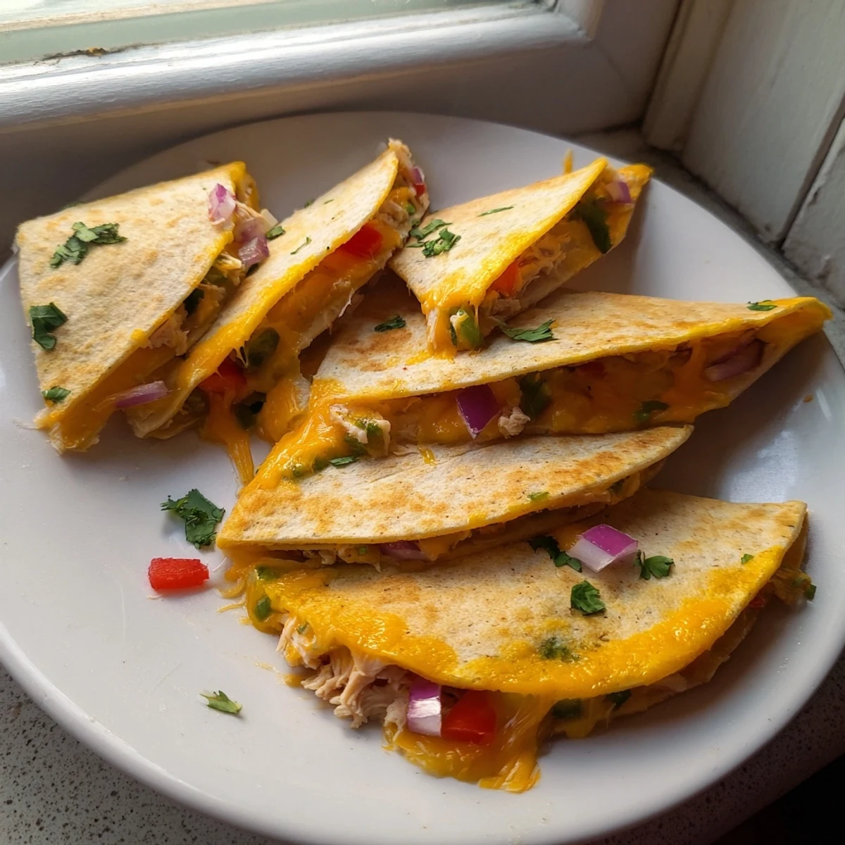 Homemade chicken quesadillas cut into wedges served with salsa and sour cream
