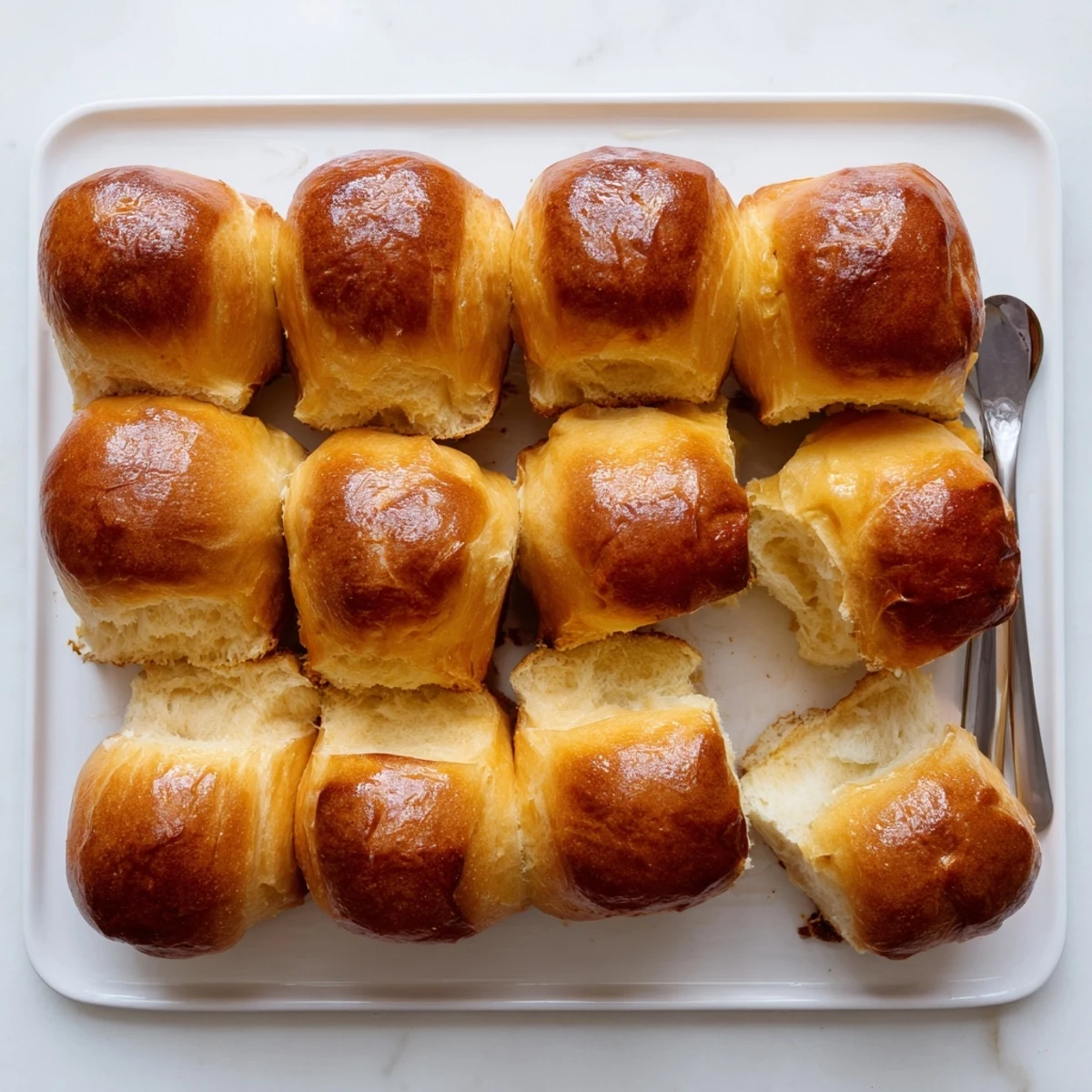 Soft pillowy brioche rolls fresh from the oven displaying a rich golden crumb and tender texture