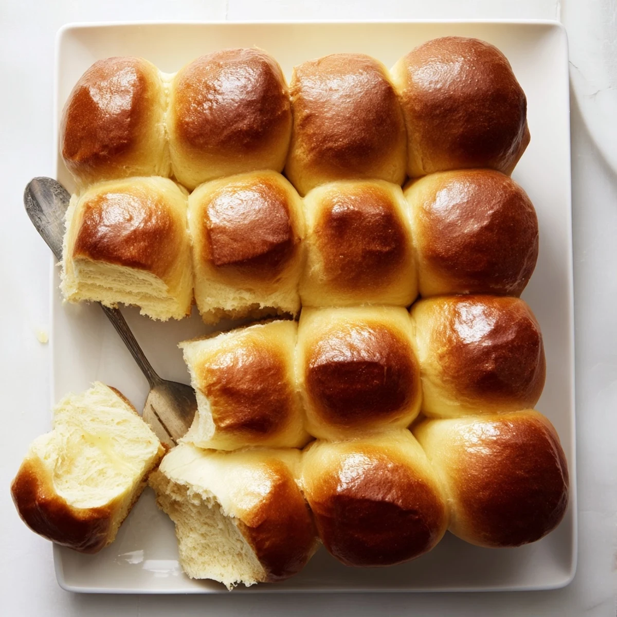 Golden brown buttery bliss brioche rolls arranged in a baking pan with shiny egg-washed tops