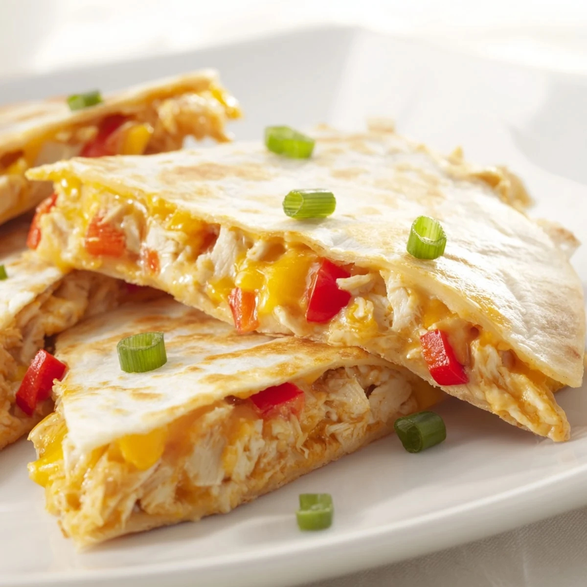 Easy chicken and cheese quesadillas cut into wedges served with salsa and garnishes