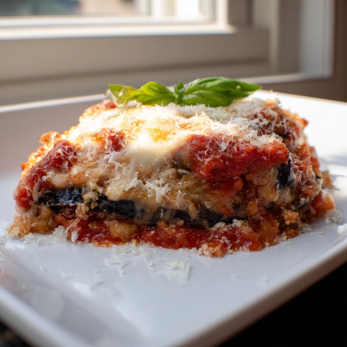 Golden brown ricotta eggplant casserole with bubbling mozzarella and fresh basil garnish on a white plate