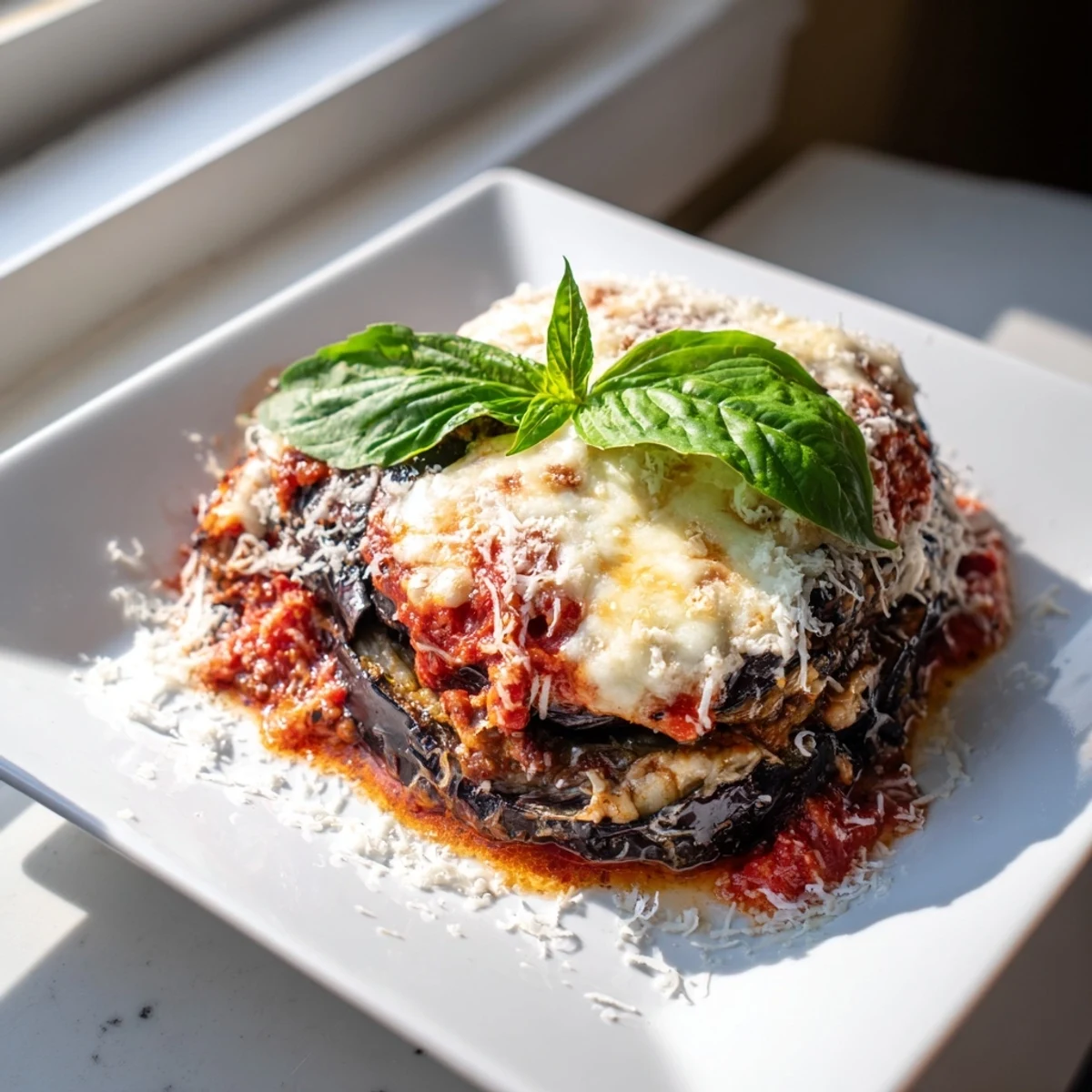 Sliced square of ricotta eggplant casserole showing creamy layers and tomato sauce on a rustic wooden table